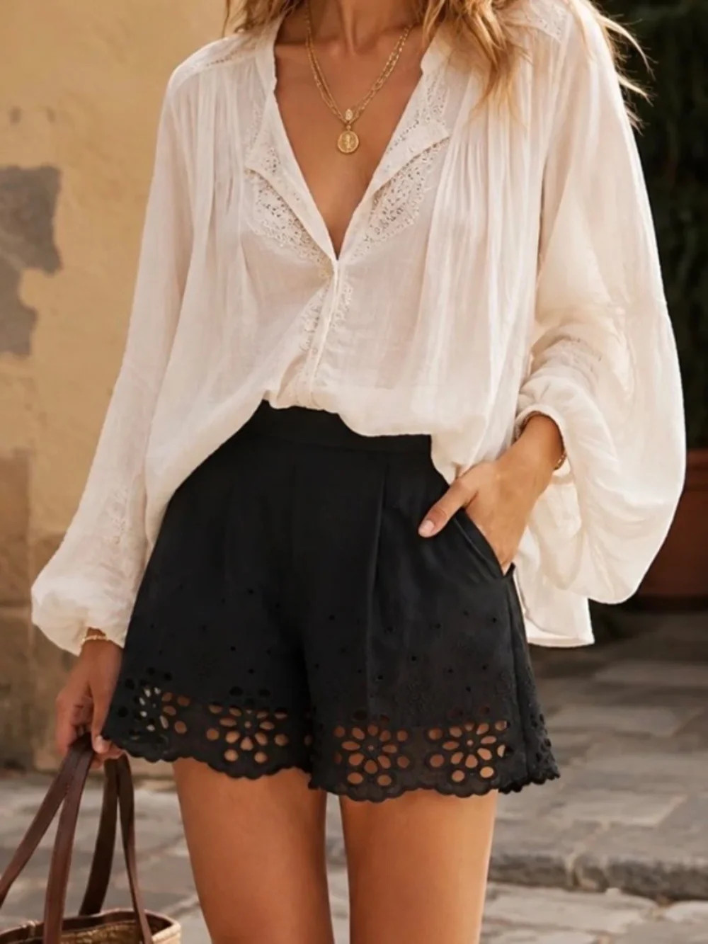 BLACK HIGH WAIST SHORTS WITH FLORAL EYELETS SIZE SMALL - NWT | Poshmark