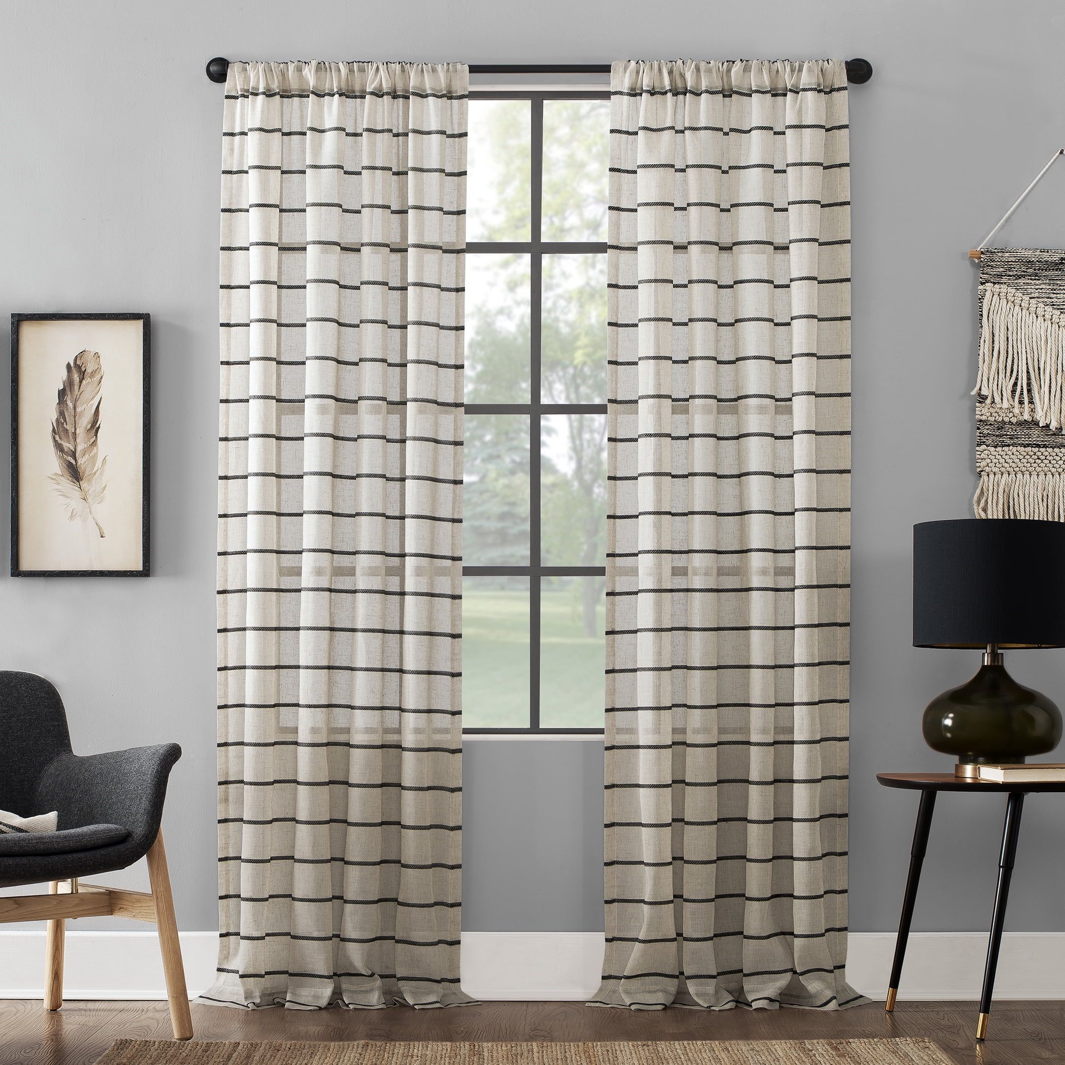 Clean Window Twill Stripe Anti-Dust Linen Blend Sheer Curtain Panel, 52"x84", Black/Linen - Walma... | Walmart (US)