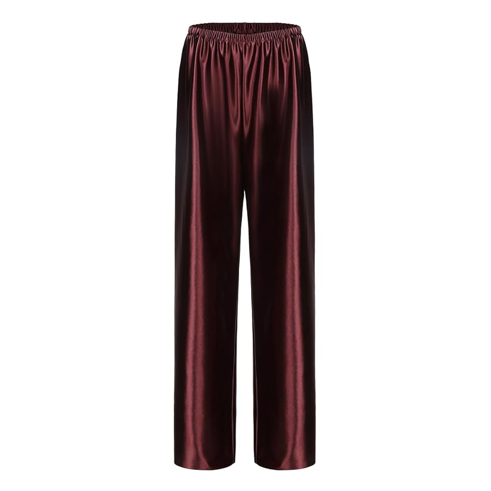 Women Satin Wide Leg Dress Pants Silk Casual Dressy Long Flowy Pants Elastic High Waisted Trouser... | Amazon (UK)
