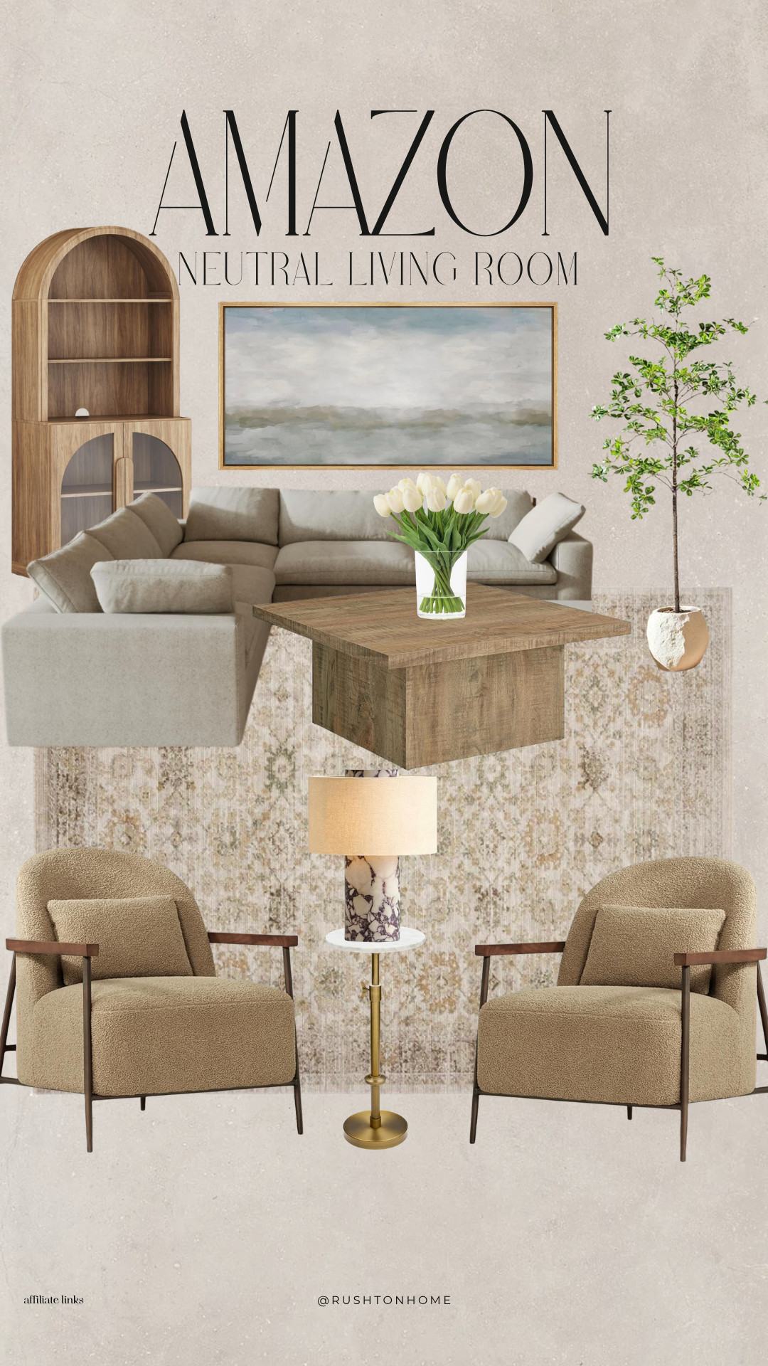 Amazon Neutral Living Room:
neutral living room decor, amazon home decor finds, beige living room inspiration, organic modern living room, neutral sectional sofa, boucle accent chairs, wood coffee table, arched wood cabinet, oversized landscape artwork, neutral area rug, cozy living room design, earthy home decor, warm minimalist decor, organic modern furniture, neutral home aesthetic, amazon furniture finds, living room mood board, designer inspired home decor, affordable home styling, contemporary neutral interiors 

 #LTKHome