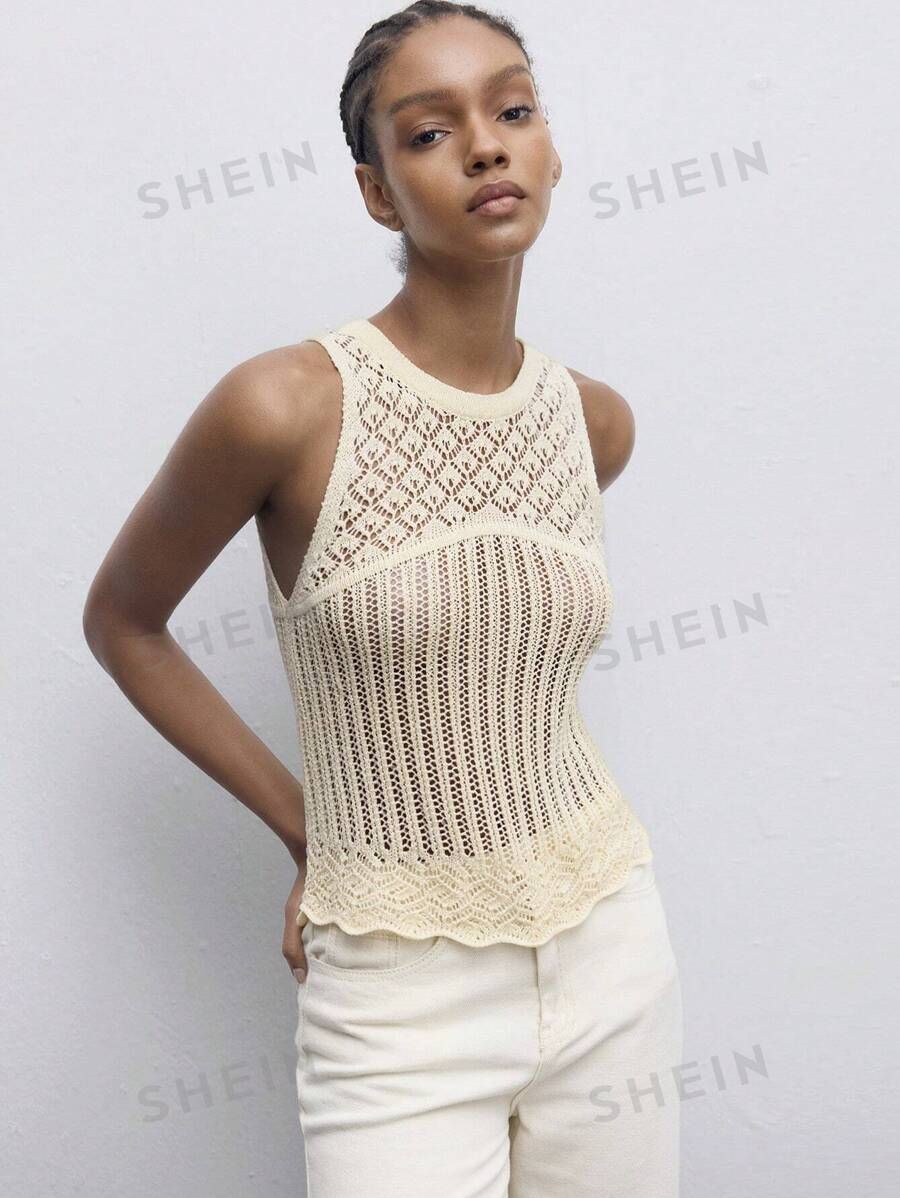 SHEIN Maija Crochet Summer Sweater Earthy Vacation Women's Solid Color Hollow Out Knitted Top | SHEIN
