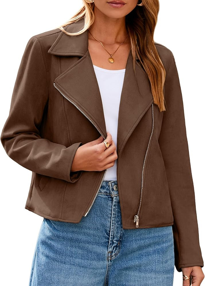 Glamaker Womens Faux Suede Jackets Long Sleeve Casual Cropped Zipper Biker Moto Jacket Fall Winte... | Amazon (US)