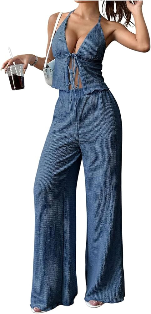 SOLY HUX Women's Sexy 2 Piece Outfits Sleeveless Halter Top and Wide Leg Pants Set | Amazon (US)