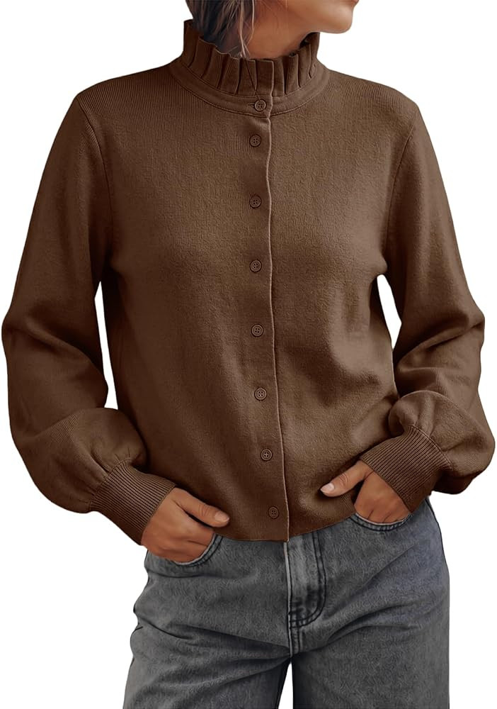 Cicy Bell Womens Puff Long Sleeve Cardigan Sweaters Ruffle Collar Knit Tops | Amazon (US)