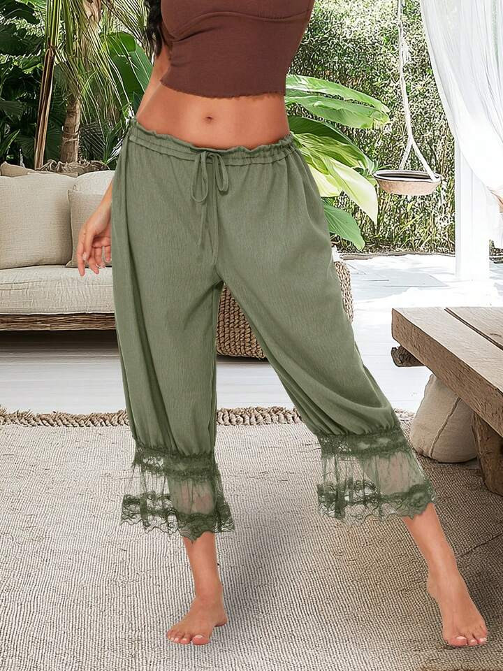 Womens Cropped Pants Loose Mid Rise Patchwork Lace Lantern Trousers Casual Streetwear | SHEIN