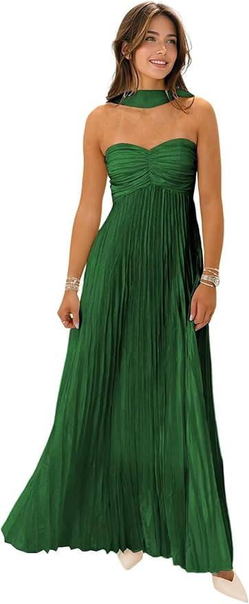Bridesmaid Dress 2025 Flowy Strapless Pleated Chiffon Long Prom Dresses with Scarf Formal Gown fo... | Amazon (US)