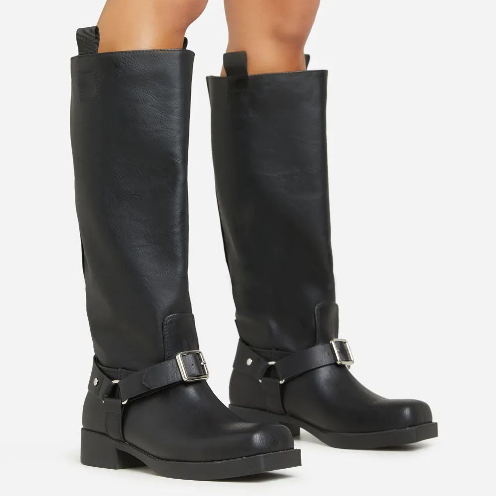 Equestria Buckle Detail Square Toe Knee High Long Biker Boot In Black Faux Leather | Ego Shoes (UK)