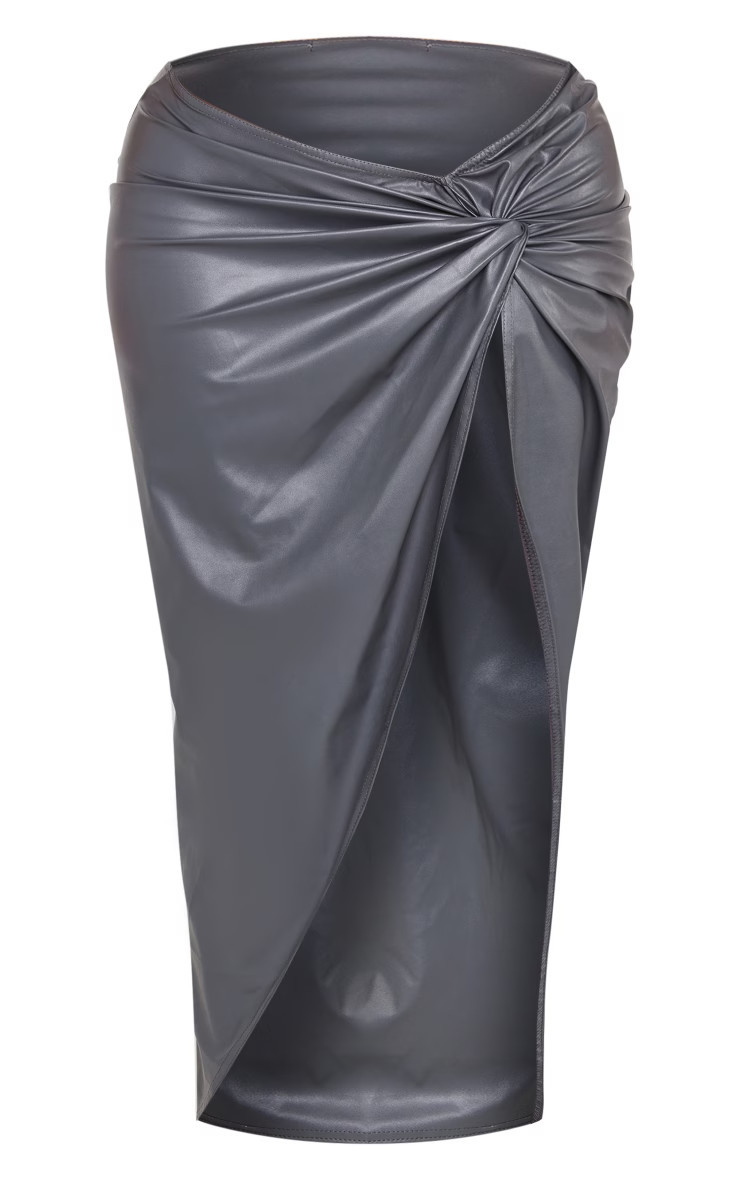 Shape Grey Faux Leather Knot Side Maxi Skirt | PrettyLittleThing UK