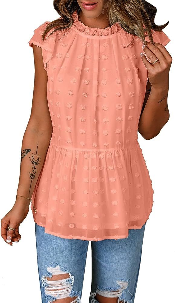 LookbookStore Women's Summer Blouses Casual Tops Ruffle Sleeve Swiss Dot Shirts | Amazon (US)