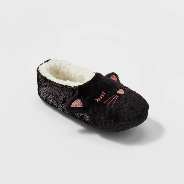 Women's Cat Flip Sequin Pull-On Slipper Socks - Black | Target