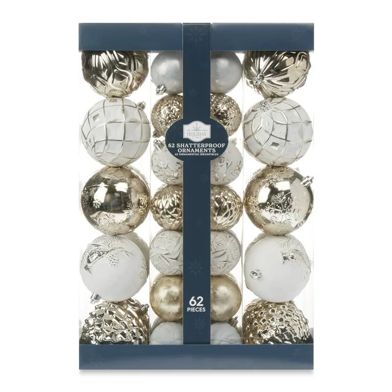 Holiday Time 62 count Gold/White Shatterproof, 90mm & 60mm - Walmart.com | Walmart (US)