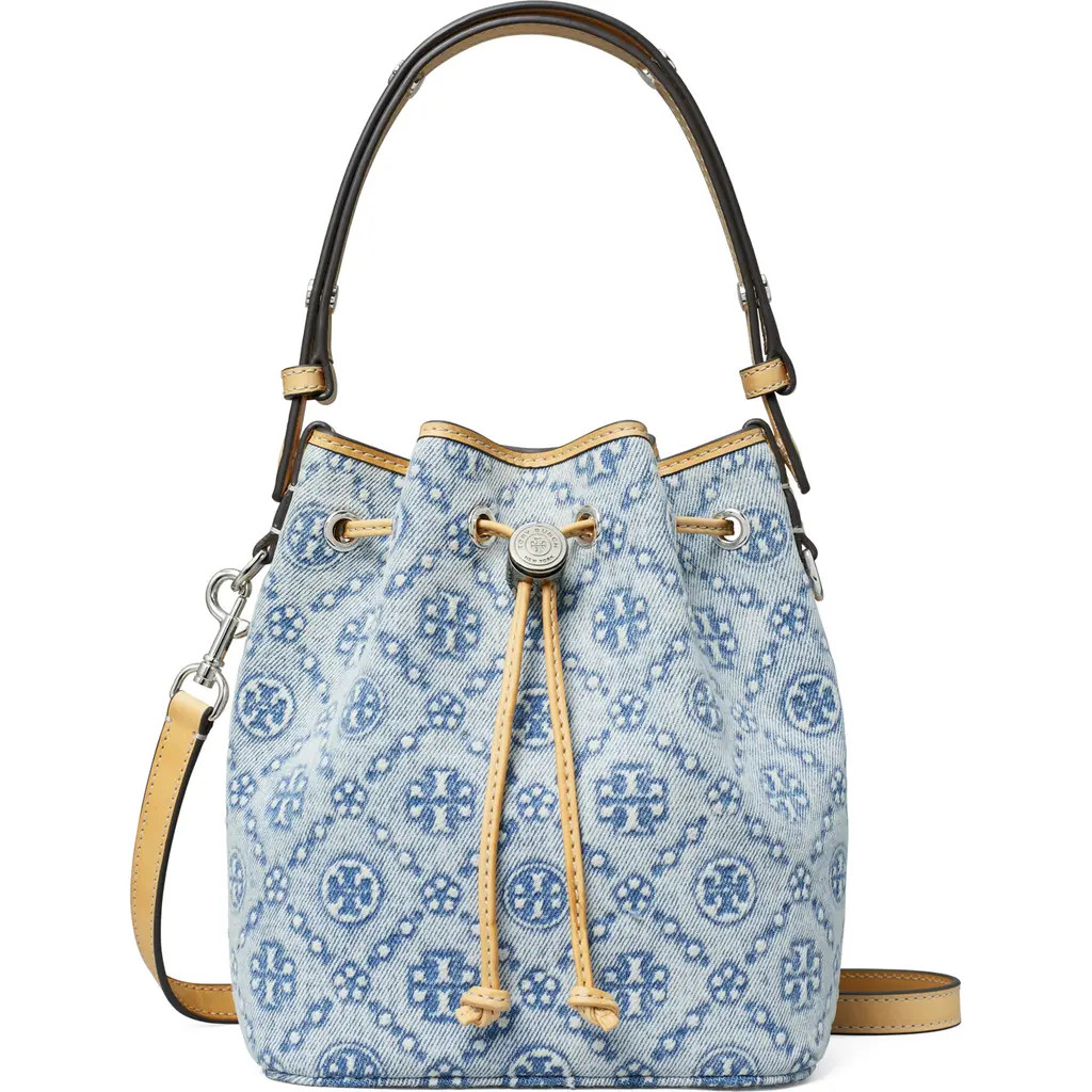 Tory Burch Mini T Monogram Denim Bucket Bag in Powder Blue at Nordstrom | Nordstrom