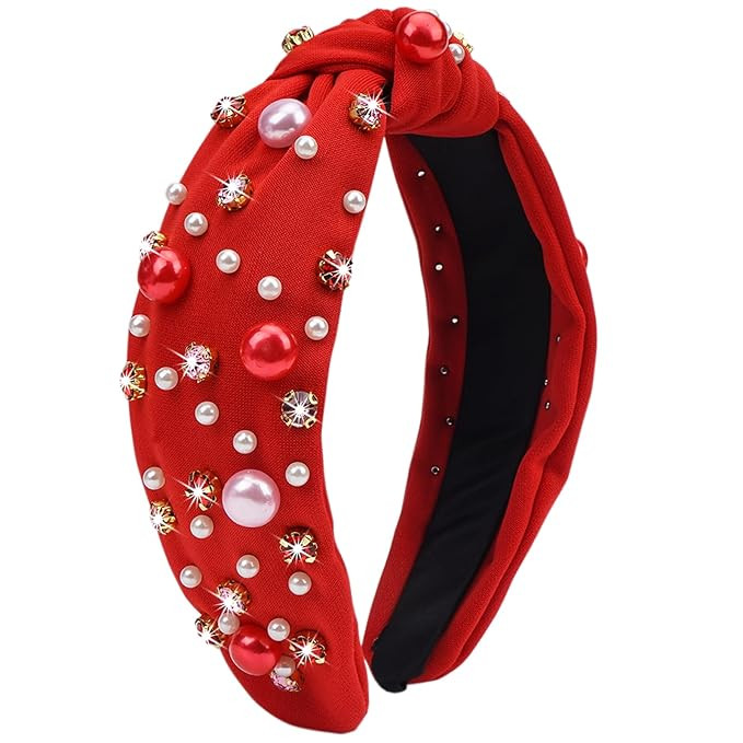 TULOBI Valentine's Day Headband for Women Pearl Knotted Headband Red Pink Pearl Rhinestone Crysta... | Amazon (US)