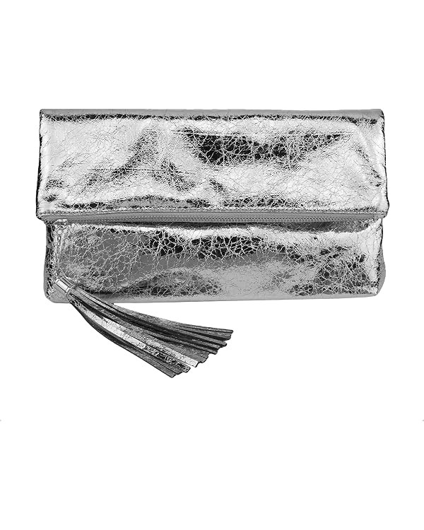 JNB Women's Cracked Metallic Fabric Foldover Clutch with Tassel | Amazon (US)