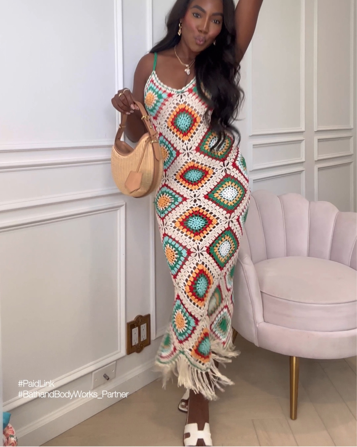 Crotchet dress - size small 
code: WHITNEYWILEY25 for 25% off! 

Vacation dress, crochet dress, colorful dress, summer dress, maxi dress, fringe dress, vacation outfit, vacation look, beach dress, beach outfit, pool outfit, white sandals, Prada Arqué bag, Prada bag, wicker bag, straw bag, vacation bag, beach bag, date night outfit, Whitney Wiley, VICI, Prada, Steve Madden, designer inspired, summer accessories

#LTKsalealert #LTKitbag #LTKfindsunder100