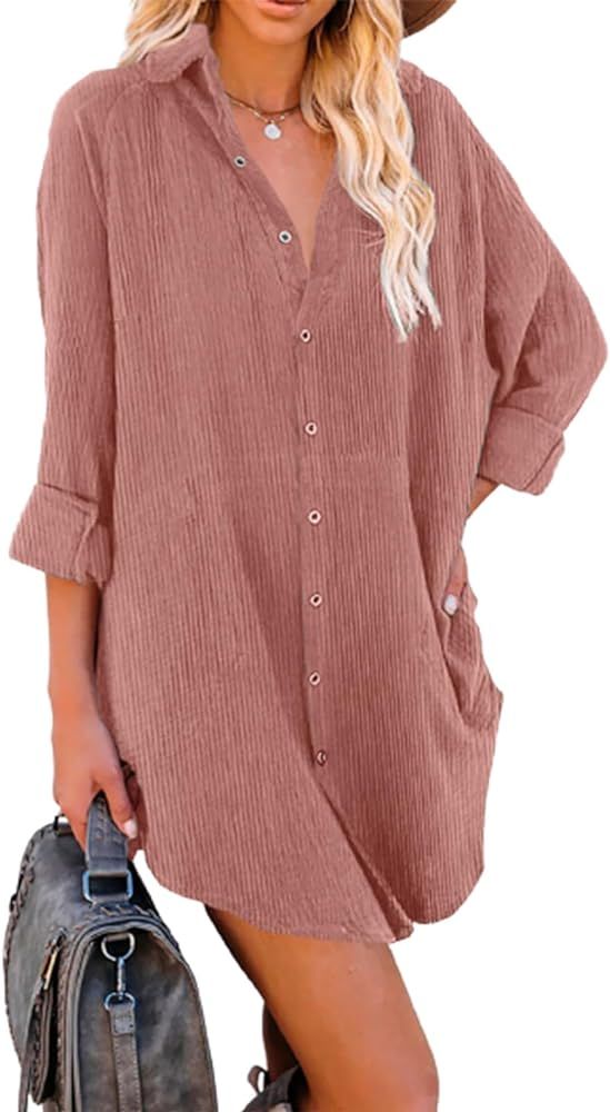 Dokotoo Women's Corduroy Long Sleeve Button Down Shirts Tunic Dresses with Pockets | Amazon (US)