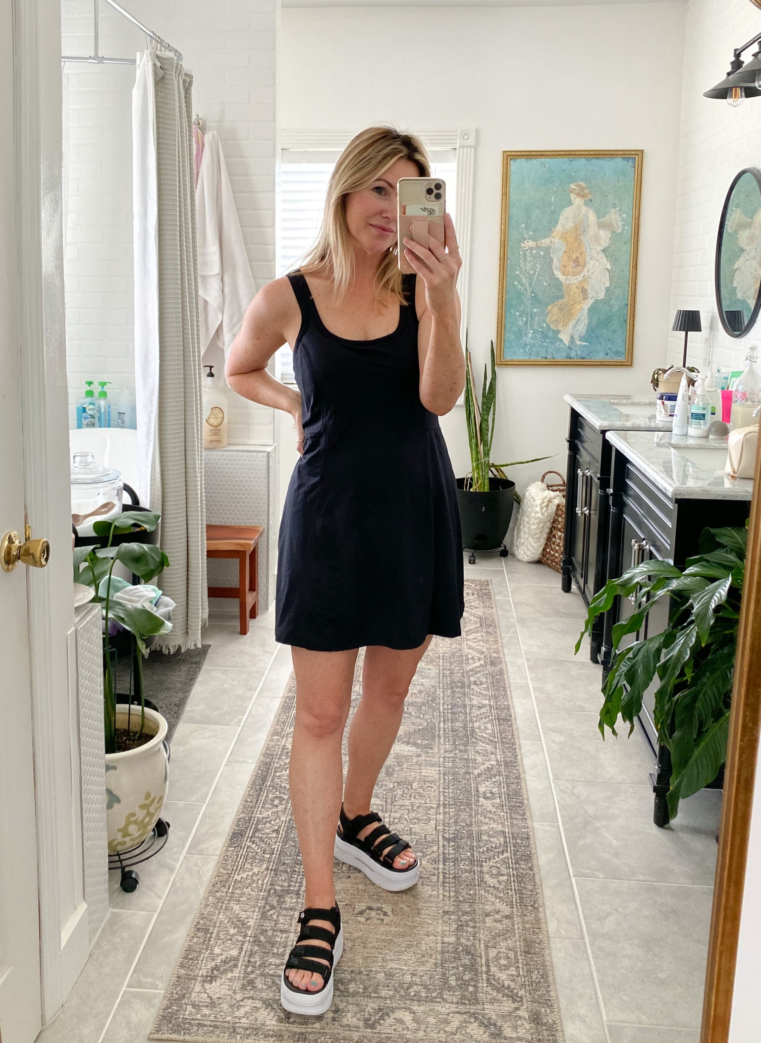 Loving workout dresses lately.  This one is from Target and is on sale under $30.  I’m in a S. Built in shortees 
Also I love these Nike sandals 


#LTKshoecrush #LTKunder50 #LTKFind