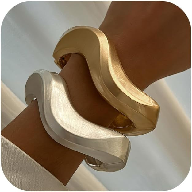2PCS Chunky Gold Bangle Bracelets for Women Trendy Silver Plated Irregular Cuff Bracelets Stack S... | Amazon (US)