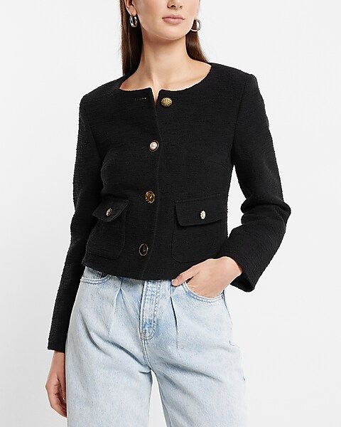 Mixed Button Front Boucle Tweed Jacket | Express