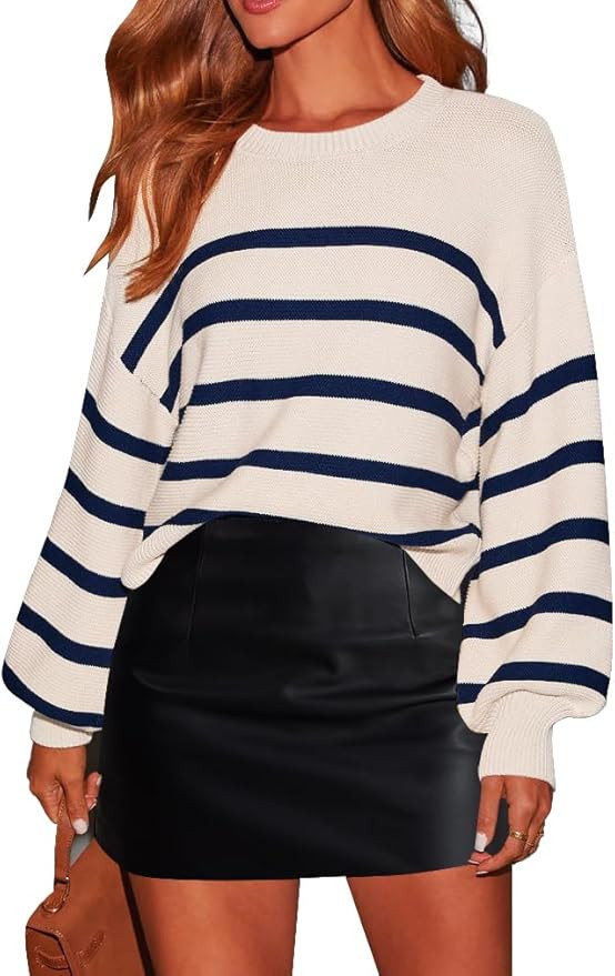 AiMgFUN Women's Long Sleeve Crew Neck Striped Crop Sweater Ribbed Knit Pullover Jumper Tops | Amazon (US)