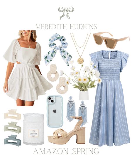 Spring fashion, summer fashion, white dress, cut out dress, blue and white dress, women’s sunglasses, layered necklace, iPhone case, dolce vita woven sandal heels, candle, claw hair clip, earrings, faux florals, ootd, wedding guest, Taylor Swift concert outfit, woven earrings, beaded earrings, beach outfit, resort outfit, vacation outfit

#LTKSeasonal #LTKwedding #LTKstyletip