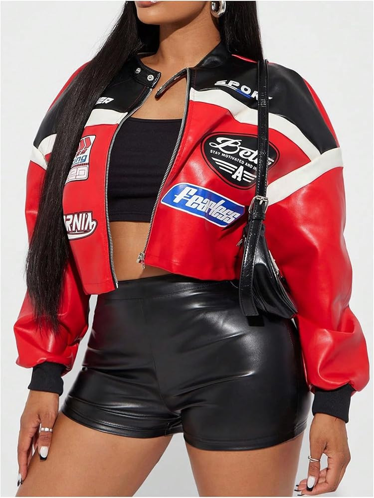 GORGLITTER Women's Leather F1 Racer Jacket Cropped Varsity Jacket Zip Up Letter Graphic Color Block Motorcycle Biker Coats | Amazon (US)