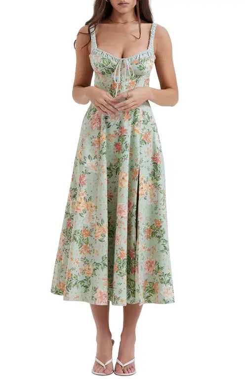 HOUSE OF CB Corset Fit & Flare Dress in Light Jade Floral at Nordstrom, Size Medium D | Nordstrom