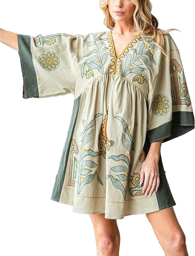 Boho Embroidered Dress Casual Floral Deep V Neck and 3/4 Sleeves Babydoll Sundress | Amazon (US)