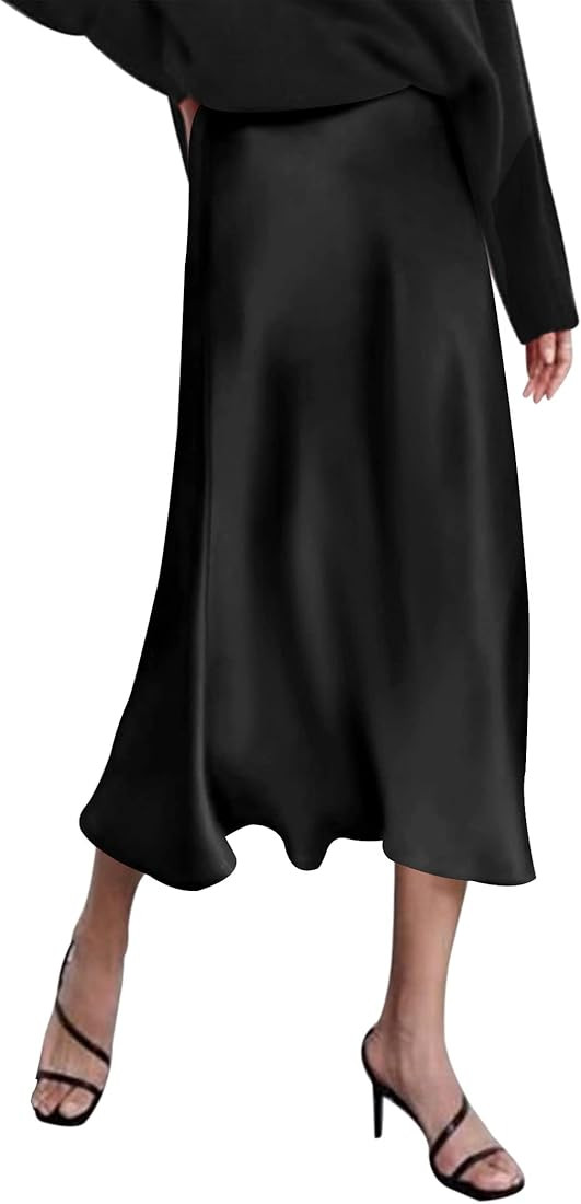 HOTOUCH Womens Midi Skirt High Waisted Solid Satin Dress Zipper Elegant Work Skirts | Amazon (US)