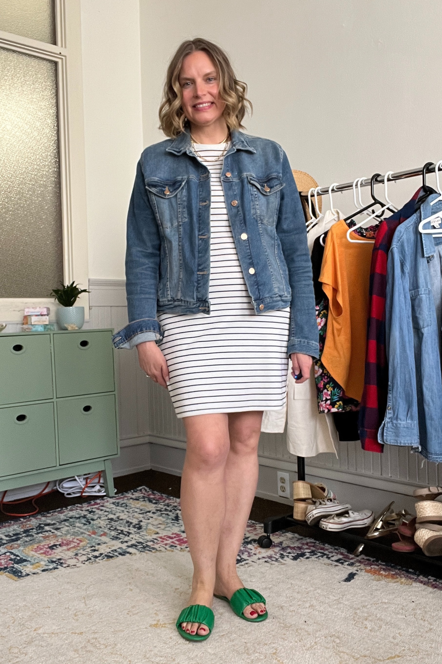 Outfit formula: jean jacket, striped dress, and colorful shoes. 

Summer outfit ideas for a striped dress

#LTKworkwear #LTKSeasonal #LTKcurves