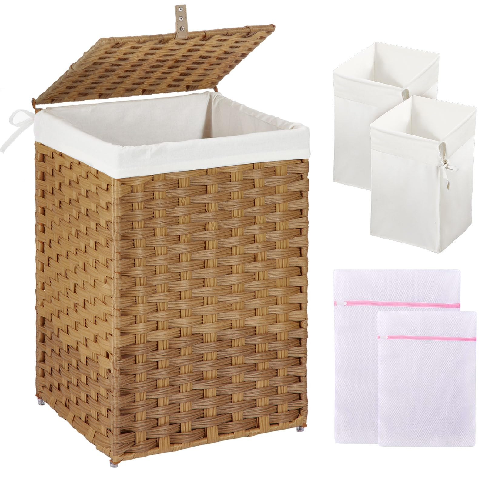 GREENSTELL Laundry Hamper with Lid, 60L Clothes Hamper with 2 Removable Liner Bags & 2 Mesh Laund... | Amazon (US)