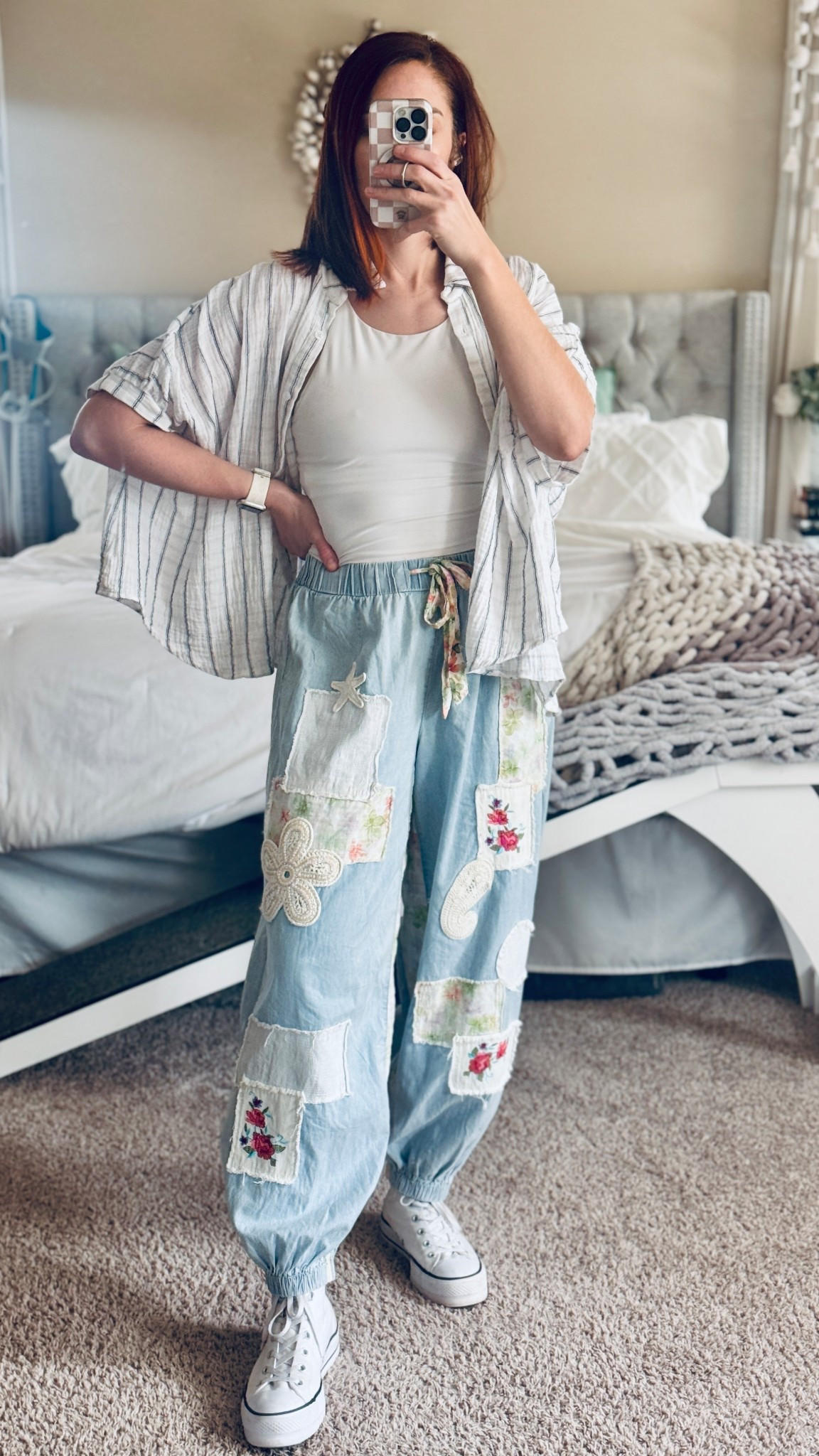 Check out one of my other cute spring outfits 2026

Items I am wearing:
🌺POL Bluebell Patchwork Chambray Joggers Size Small (I purchased these from a little boutique in Kentucky called The Sterling Gypsy and I am having difficulty linking to these pants directly, so you can go look for them on boutique’s website) 
🌺White racer back sports bra tank (originally from Old Navy) Size Medium
🌺The batwing striped button down top is also from a boutique and is a size Medium.
🌺Last but not least my fave converse high top sneakers size 11 

I will do my best to link to some similar items if you want to recreate the look. 

What do you think of this #OOTD? Let me know in the comments below. 👇 

#LTKdayinmylife #LTKTall #LTKootd