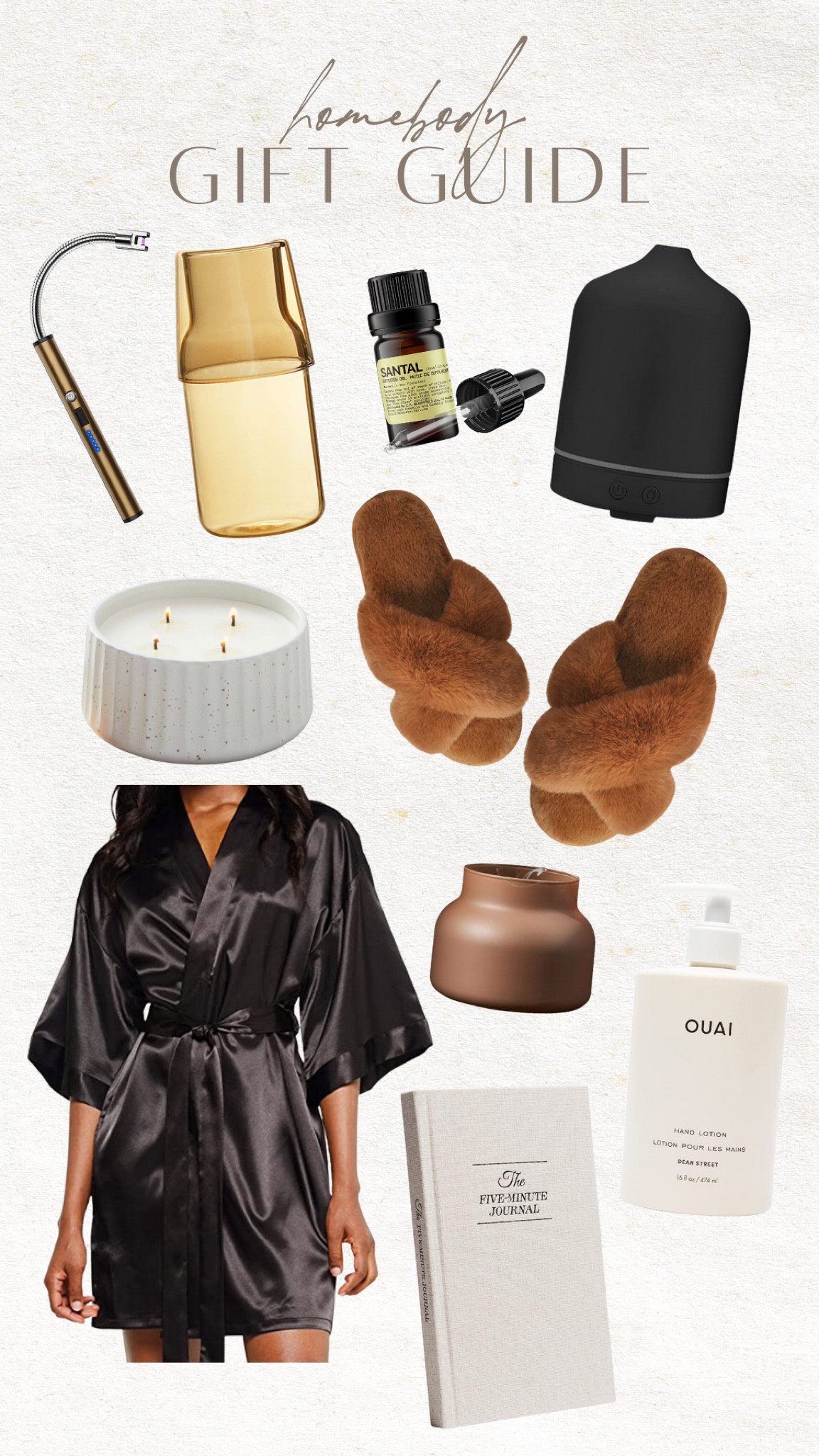 HOLIDAY GIFT GUIDE for the homebody ✨

Some of my favorite cozy home picks + Amazon finds! The diffuser + scent is 🤌🏼 

— essential oil diffuser
— Santal diffuser oil
— silk robe
— candle
— candle lighter 
— ouai hand lotion + wash
— fuzzy slippers 
— five minute journal 
— bedside carafe glass



#LTKHoliday #LTKGiftGuide #LTKCyberweek