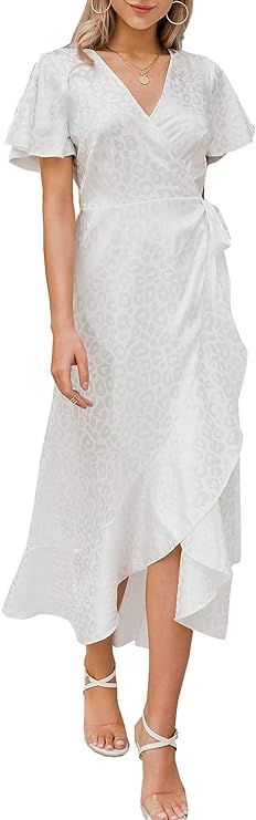 Miessial Women's Summer Chiffon V Neck Ruffle Maxi Dress Polka Dot Long Beach Wrap Dress (2/4, Wh... | Amazon (US)