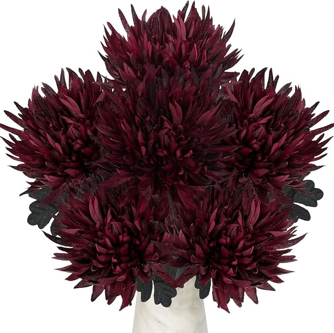Hollyone 6Pcs Artificial Mums for Outdoors Burgundy Fall Flowers Fall Mums Decor Large Chrysanthe... | Amazon (US)