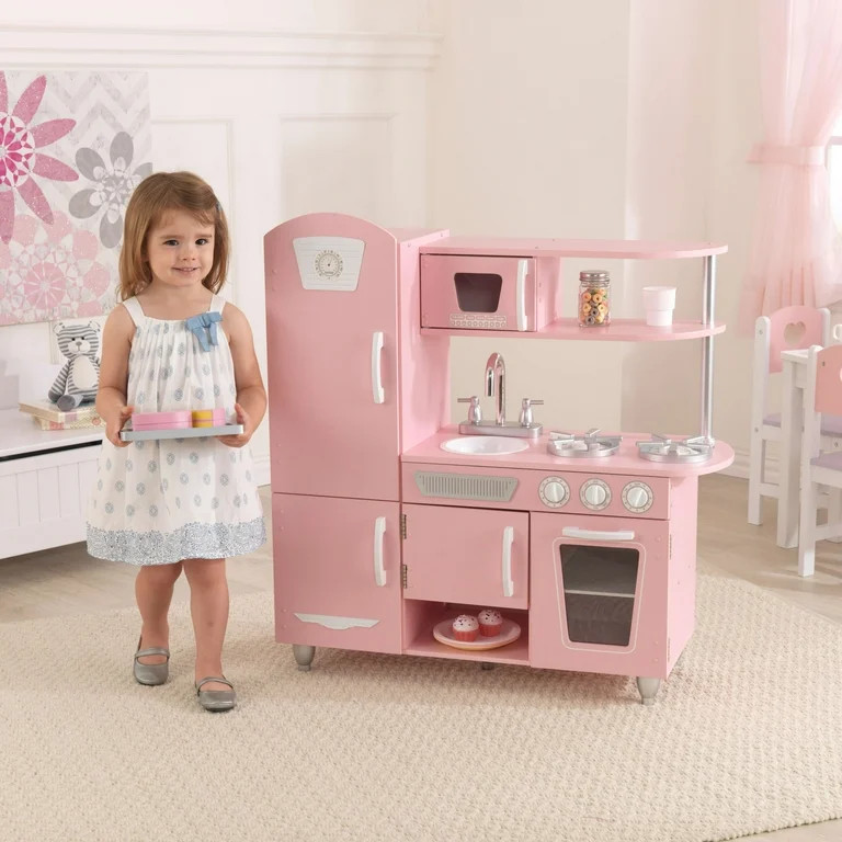 KidKraft Vintage Wooden Play Kitchen with Working Knobs, Pink - Walmart.com | Walmart (US)