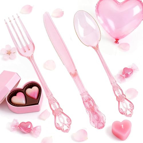 Joyido 150PCS Pink Plastic Silverware - Heavy Duty Elegant Disposable Utensils - Vintage Clear Pink Cutlery Set Includes 50Forks, 50Spoons, 50Knives for Dinner Valentine's Day Parties Weddings | Amazon (US)