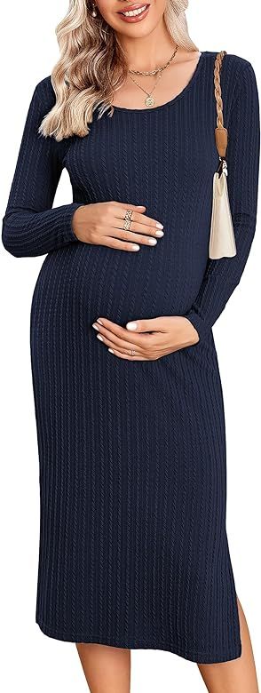 Ekouaer Maternity Dress Rib Knit Long Sleeve Side Slit Bodycon Dresses Pregnancy Baby Shower Clot... | Amazon (US)