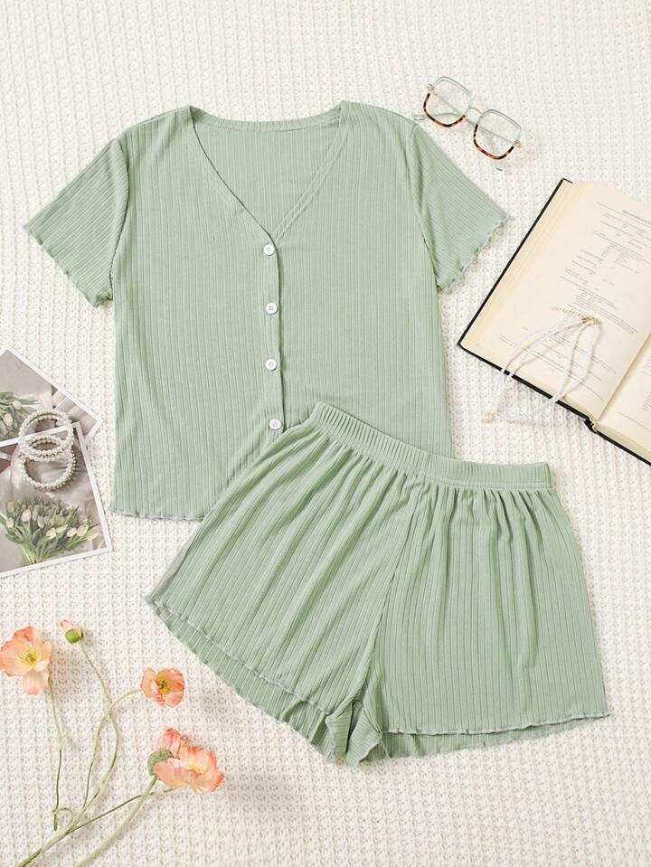 Lettuce Trim Button Front Top & Shorts PJ Set | SHEIN