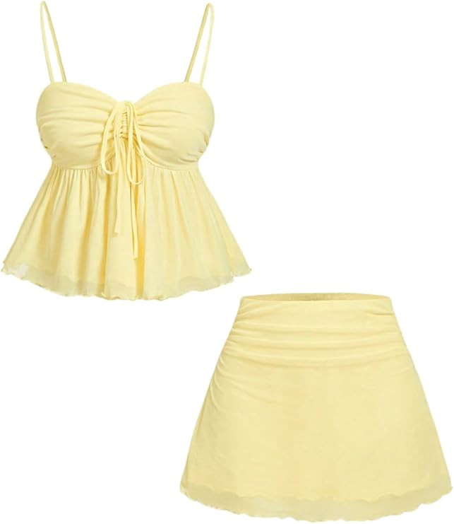 Verdusa Women's 2 Piece Cute Summer Matching Sets Babydoll Ruffle Peplum Cami Tops with Skirts Go... | Amazon (US)