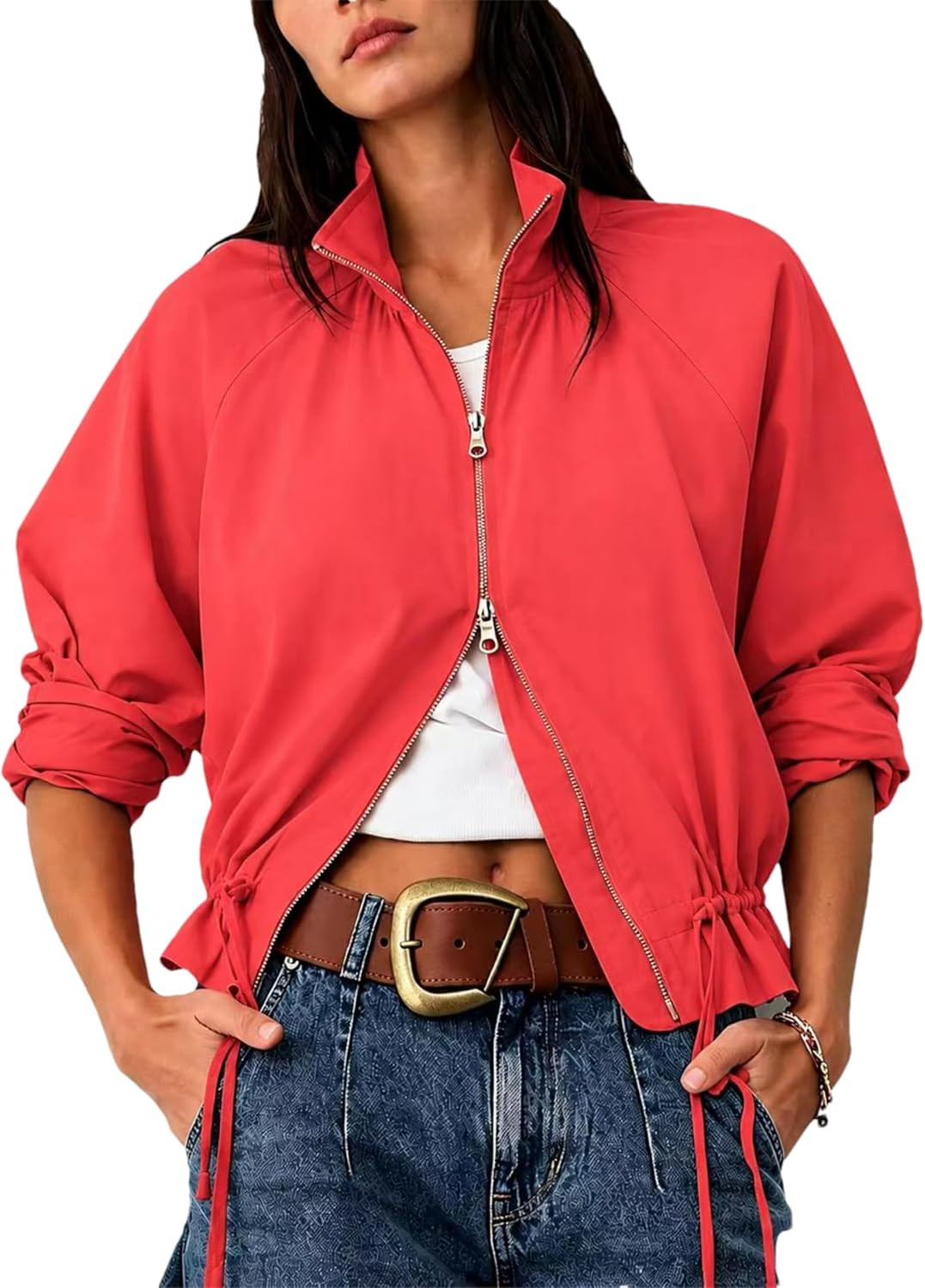 Womens Stripe Bomber Jacket Funnel Stand Collar Cropped Autumn Coat | Amazon (US)