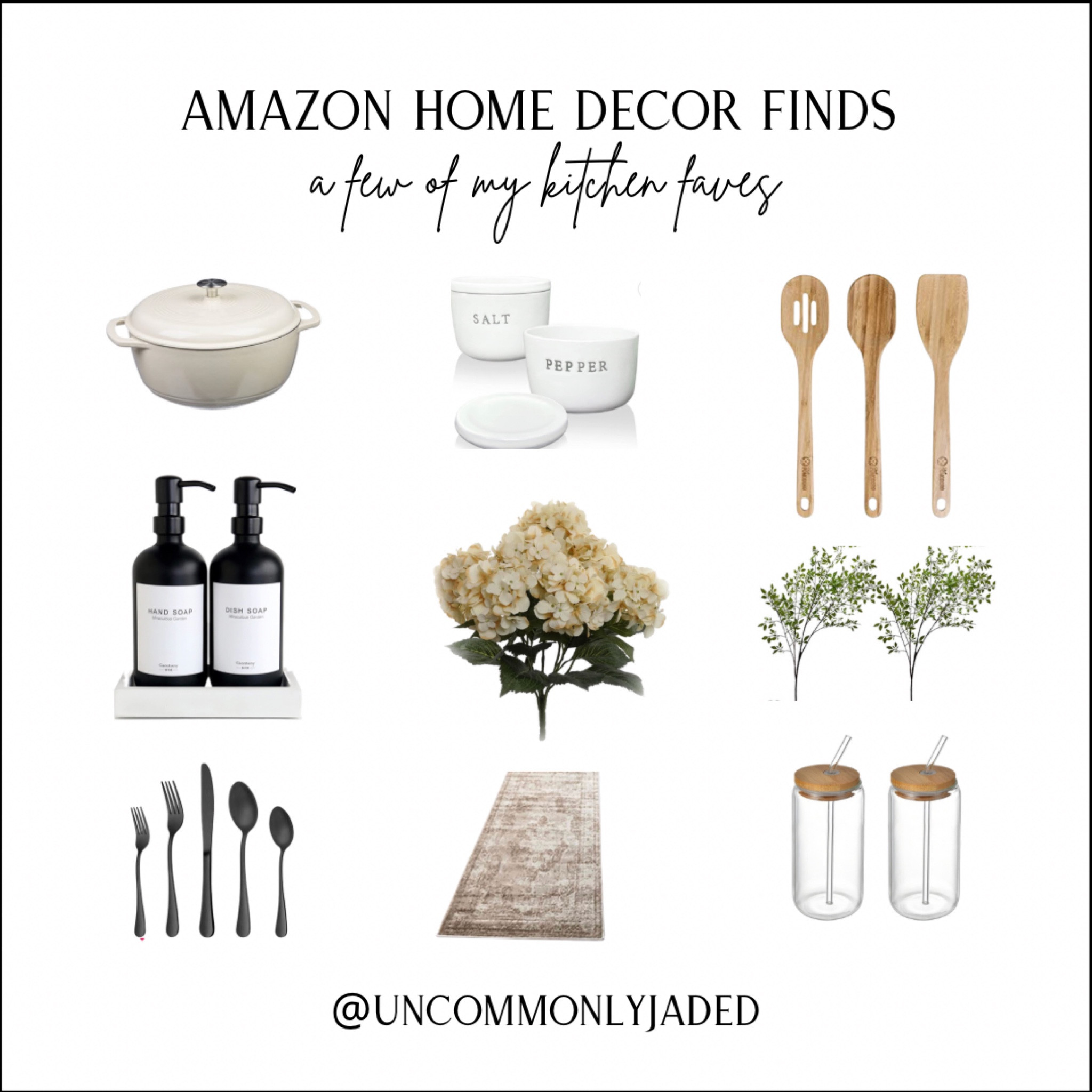 H O M E / a few of my favourite amazon canada home kitchen decor finds

Dutch oven | salt & pepper cellars | wooden spoons | matte black hand & dish soap dispensers | beige silk hydrangeas | faux greenery stems | matte black utensils | French inspired runner | smoothie glasses



#LTKhome #LTKstyletip #LTKunder100