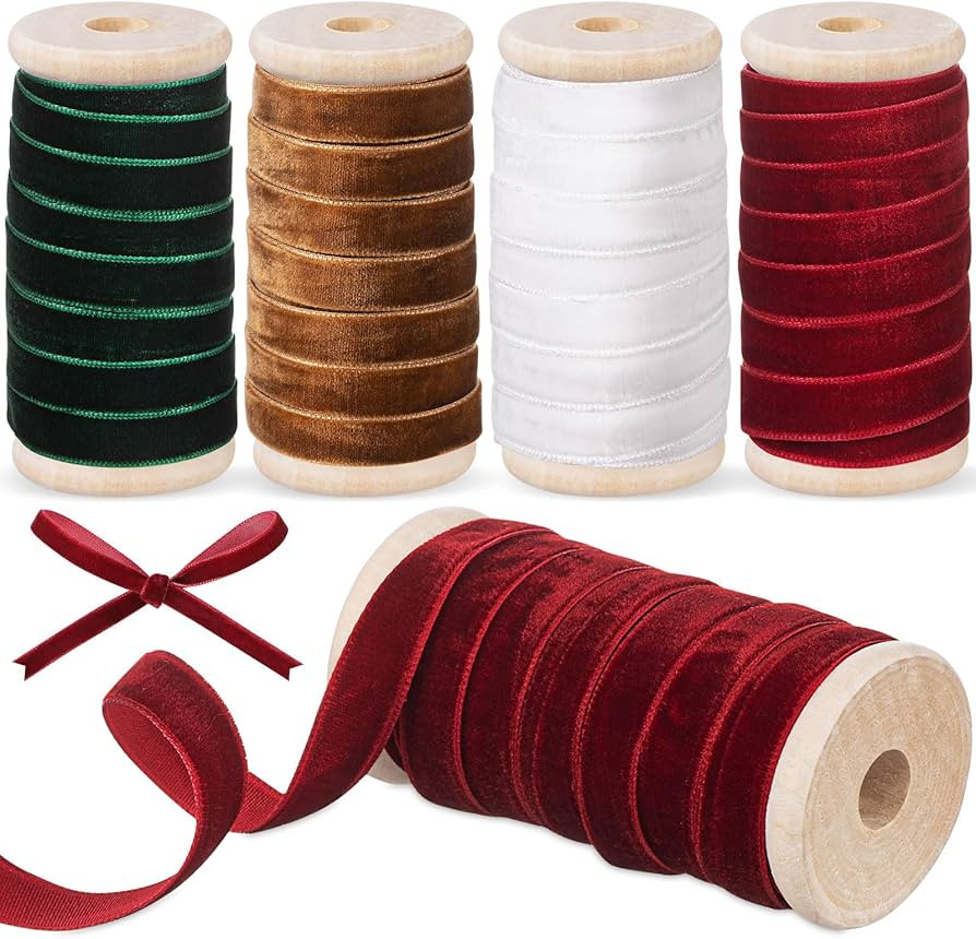 Chuangdi 4 Roll 30 Yards Christmas Velvet Ribbon Set 3/8 Inch Vintage Wooden Spool Fabric Trim Ve... | Amazon (US)