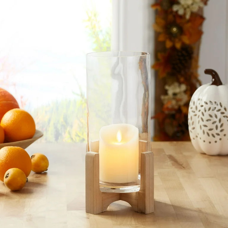 Better Homes & Gardens Glass Hurricane Candle Holder with Wood Stand | Walmart (US)