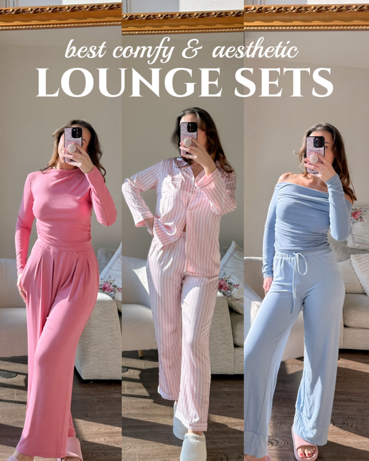 Rounding up my favorite cozy & cute loungewear this szn! For the upcoming colder months, I’m shopping mainly for long sleeves and plush fabrics. All of these can be found on Amazon and I’ve even included keywords on the slides to help you shop! Read below for more details on these finds & get them before they sell out this fall 🩷🛍️
 🩷 MOCKNECK CROP TOP & WIDE LEG PANTS SET Brand: Zesica As an athletic hourglass body type, I kinda struggled with the shape and cut of this set. BUT it’s meant for lounging at home, not going out, and it was too comfy to pass up 🥹 Made from a midweight ribbed stretchy material, it feels cozy yet breathable (for when it gets stuffy indoors), truly feels so good to put on after a shower and feel so smooth and clean!
 🌸 STRIPE SATIN PJ SET Brand: Ekouaer This brand is a best seller for all kinds of pajama sets! I actually got 2 more from this brand (lmk if you want to see), but this satin set is my favorite from the bunch. The pink stripes are giving Victoria’s Secret model (jk i wish lol), so we love the girly vibes 🥰 This material does not have stretch, but the waistband is elastic and fits true to size
 🌊 RUCHED OFF SHOULDER TOP, WIDE LEG TRACKSUIT Top: Darong Sweatpants: Qinsen I mix and matched 2 different sets here! The pants are from an ulta-comfy hoodie set from the brand Qinsen (also a reputable Amazon brand), and the top from Darong. The top is stretchy and is soo good for lounging. The off-the-shoulder style is cute for chilling with friends (or even going out). The pants are a velour like material ~ soft, stretchy, and velvety! The wide leg fit is great for lazy/cozy days 🫶
   #loungewearoutfit #pajamasets #amazonfallfashion #amazonfashion 

#LTKSeasonal #LTKFindsUnder50 #LTKStyleTip