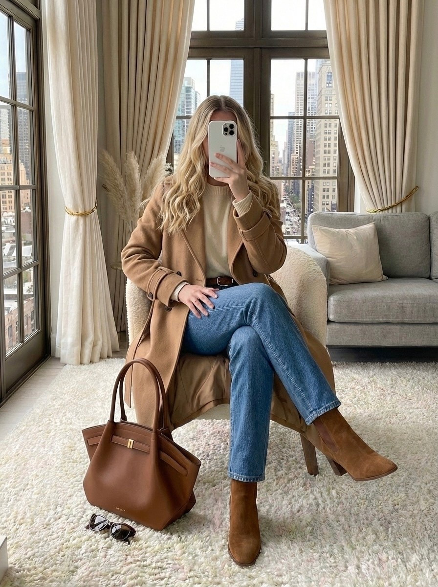 ✨ The easiest winter uniform: a classic coat + denim formula that always looks polished without trying. Soft neutrals, clean lines, and warm textures make this combo perfect for everyday wear — from school drop-offs to coffee runs and casual office days.

🧣 Style Notes:
• Camel wrap coat for a timeless outer layer
• Cozy ivory knit as the soft neutral base
• Straight denim for an effortless, classic fit
• Suede ankle boots to add warmth + texture
• Structured brown tote to pull the look together

#LTKgrwm #LTKootd #LTKHoliday