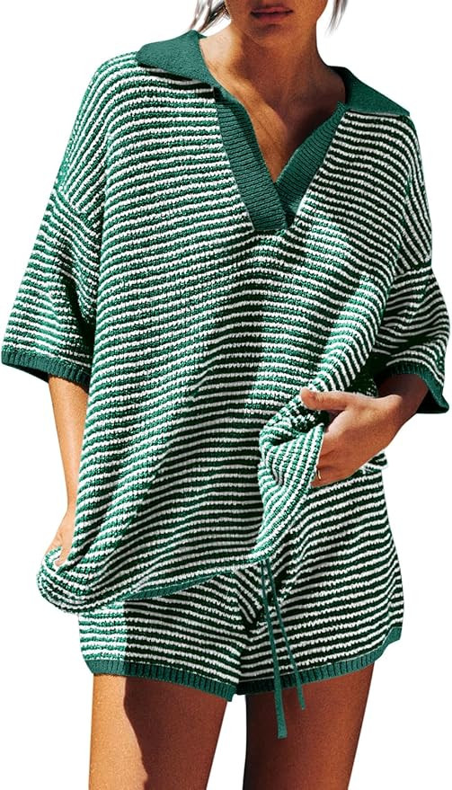 Tankaneo Womens Sweater Set 2 Piece Outfits Oversized 3/4 Sleeve V Neck Knit Tops High Waisted Sh... | Amazon (US)