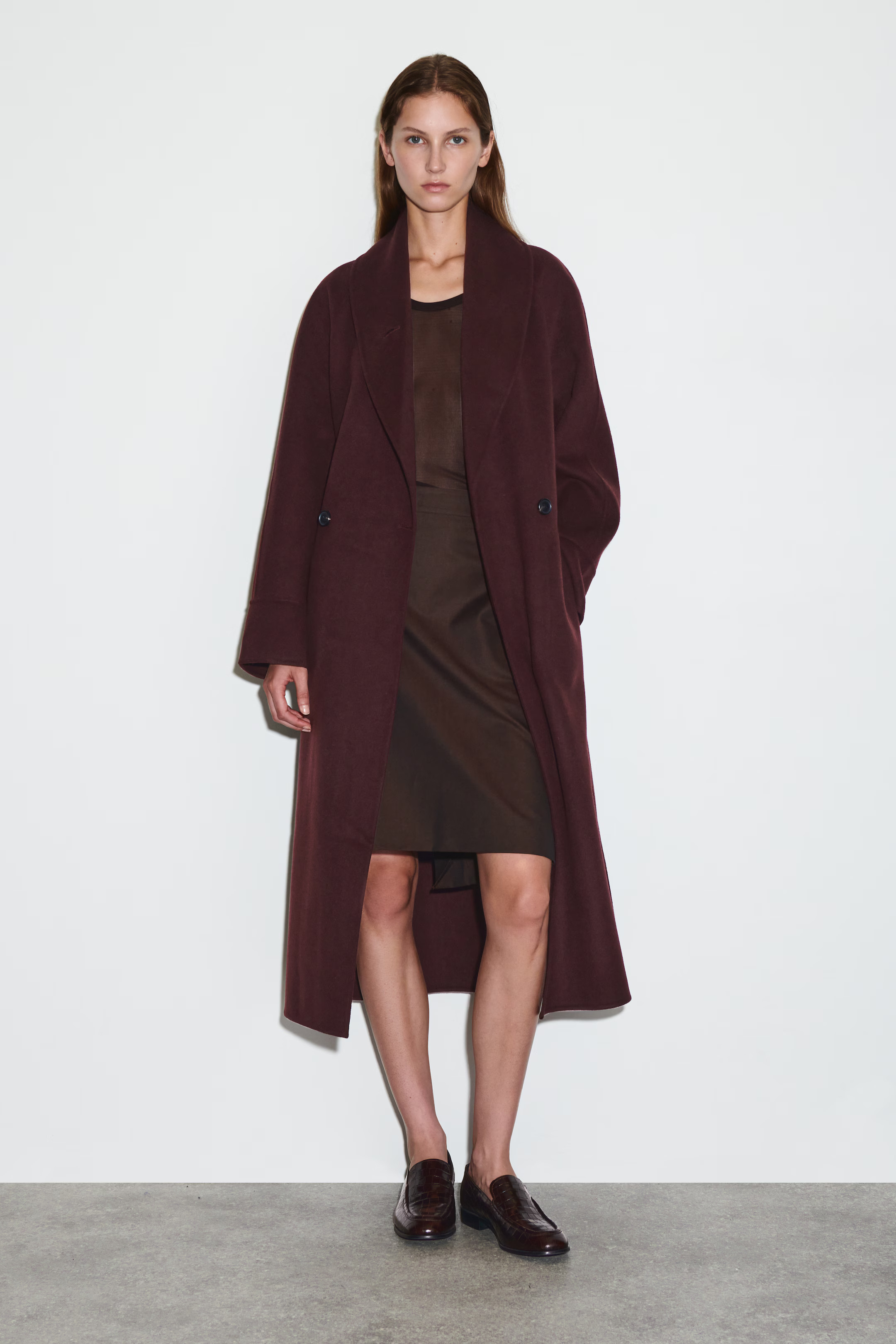 BELTED DOUBLE-FACED WOOL LONG COAT - BURGUNDY - Ladies | H&M GB | H&M (UK, MY, IN, SG, PH, TW, HK)