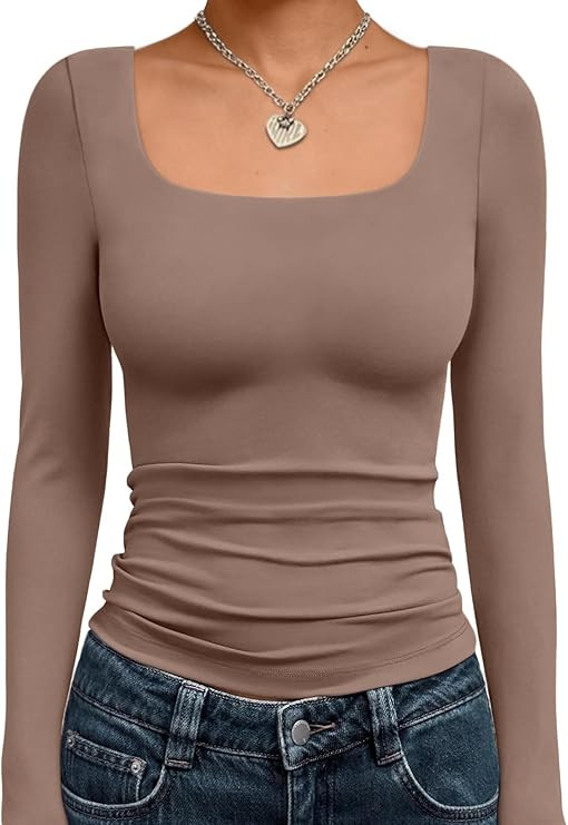 Trendy Queen Womens Long Sleeve Shirts Crop Tops Fall Fashion Solid Square Neck Going Out Basics ... | Amazon (US)