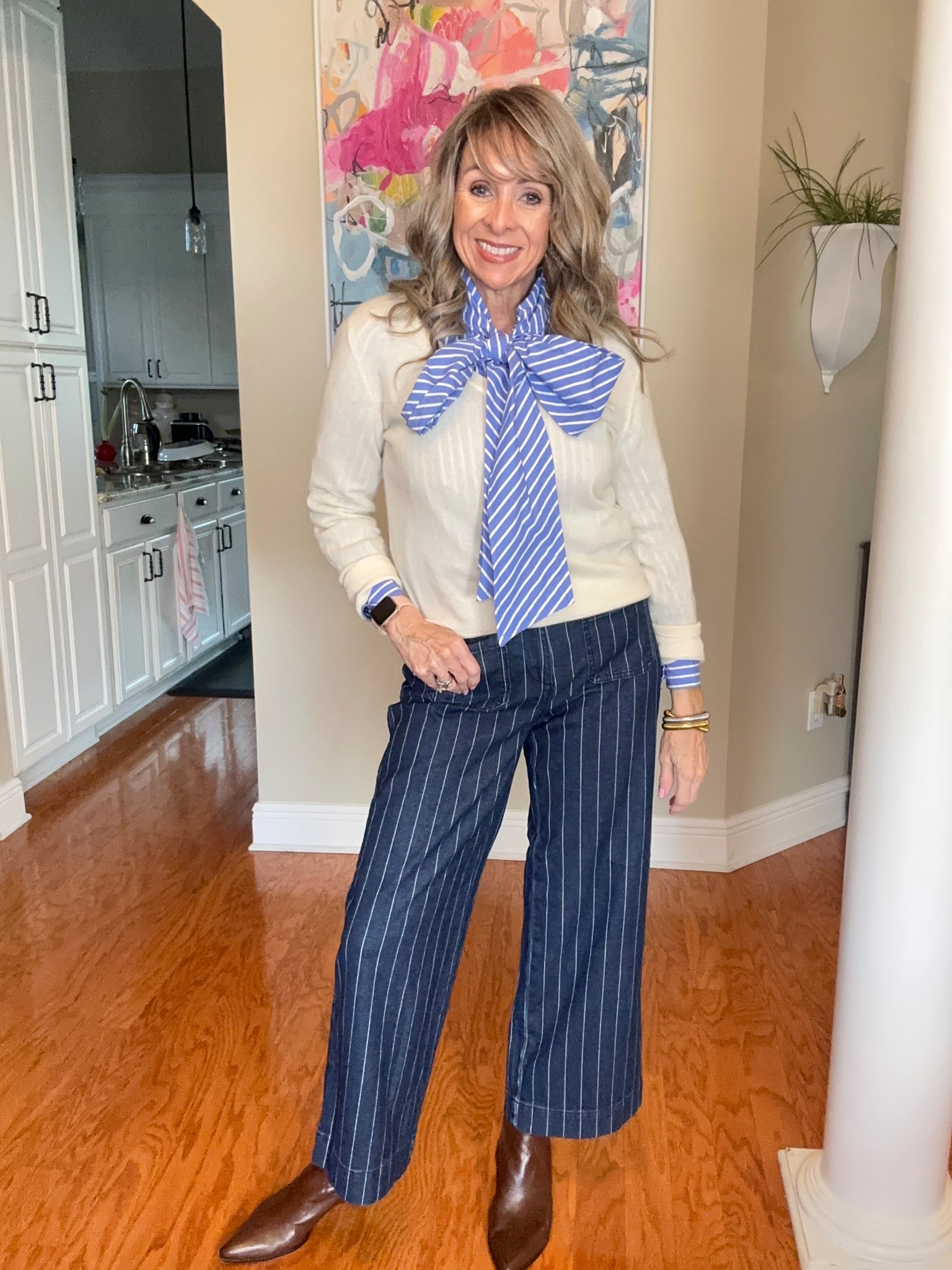 Effortless polish, zero effort 🤍
A classic striped bow blouse layered under a soft neutral sweater instantly elevates this look. Paired with pinstripe trousers and ankle boots for a timeless, flattering outfit that works for everyday or dressed-up casual days.

This is one of those money outfits that feels classic, confident, and completely wearable.
👉 Shop the full look linked here.

#LTKFindsUnder100 #LTKOver40 #LTKSaleAlert